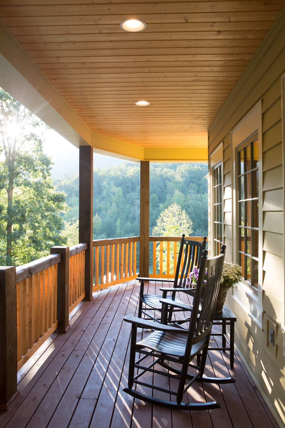 Cloudland Station porch with rocking chairs and mountain view